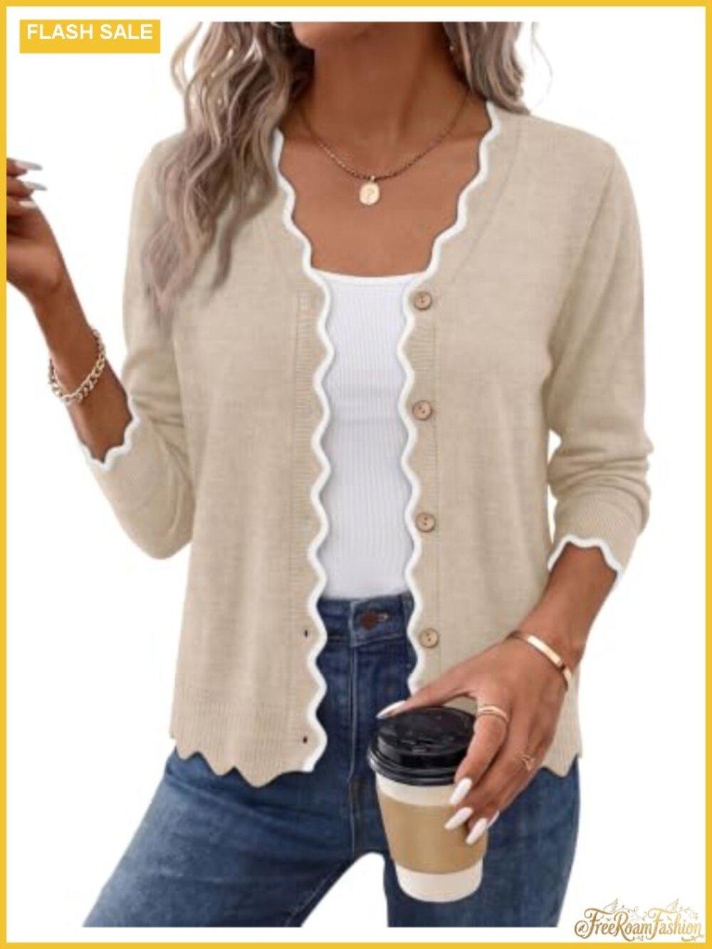Womens Long Sleeve V Neck Knit Cardigan Sweater with Scalloped Trim